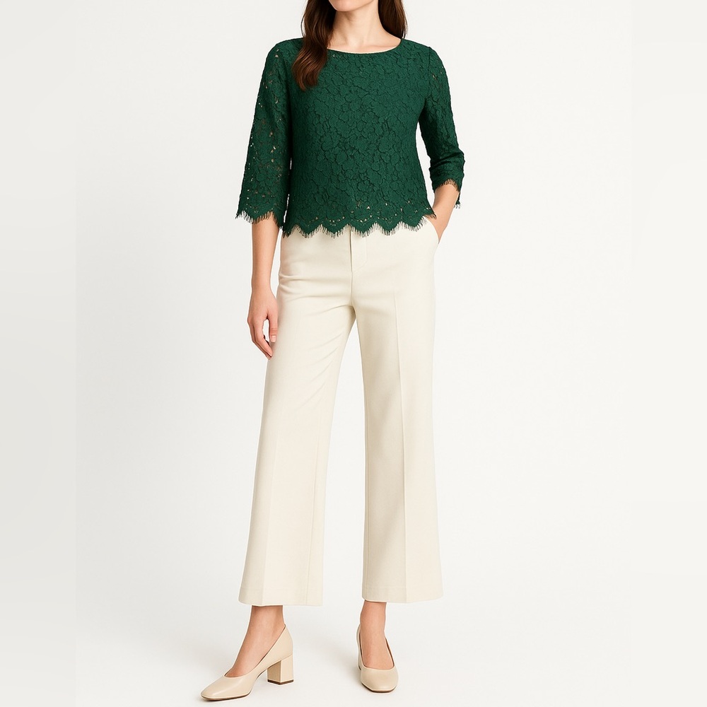 RAFAELLA Lace Scallop Hem 3/4 Sleeve Blouse | Small | Deep Green | Feminine